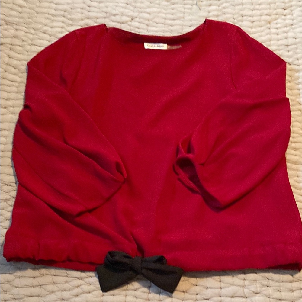 Calvin Klein Red Blouse with Tie Front and 3/4 Sleeves